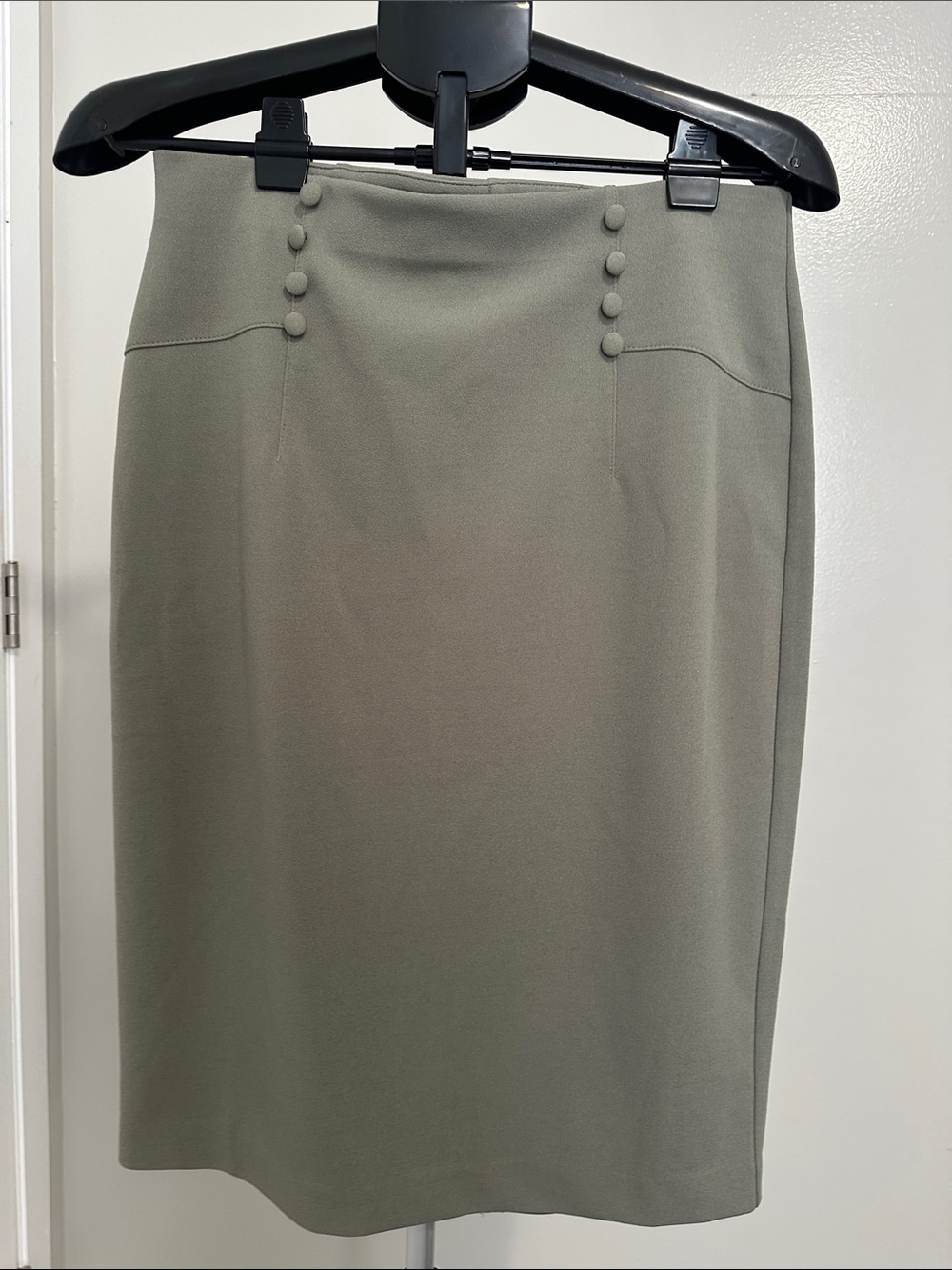High-Waist Olive Pencil Skirt with Covered Button Detail - Women